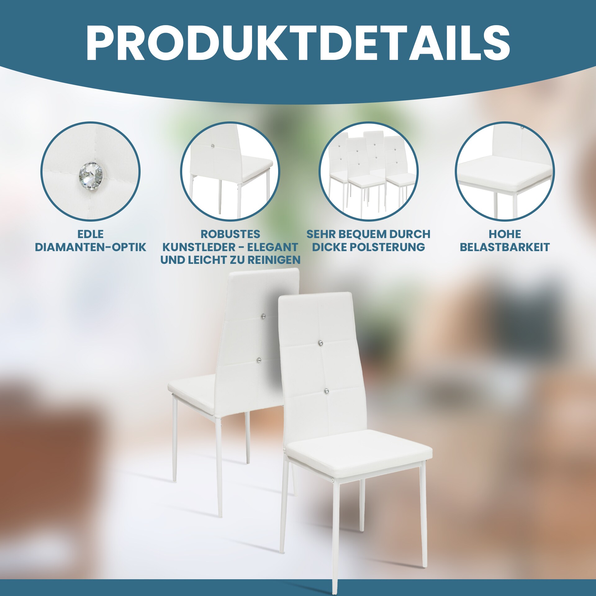 Albatros Esszimmerstühle DIAMOND 4er Set, Weiss - Edler Diamant-Look, Polsterstuhl mit Kunstleder-Bezug, Modernes Stilvolles Design am Esstisch Küchenstuhl Stuhl Esszimmer hohe Belastbarkeit