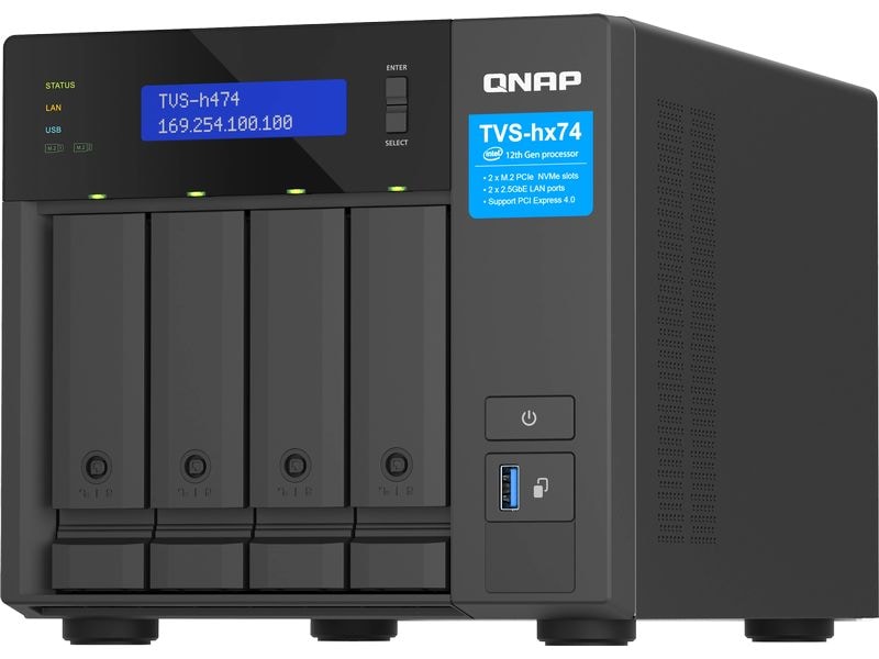 QNAP TVS-h474-PT-8G 4-bay Hochzuverlässiger ZFS-basierter Speicher mit PCIe Gen 4 Erweiterbarkeit für 10/25 GBE Konnektivität, M.2 NVMe SSD-Caching und Multi-Thread Prozessoren für Virtualisierungsanwendungen