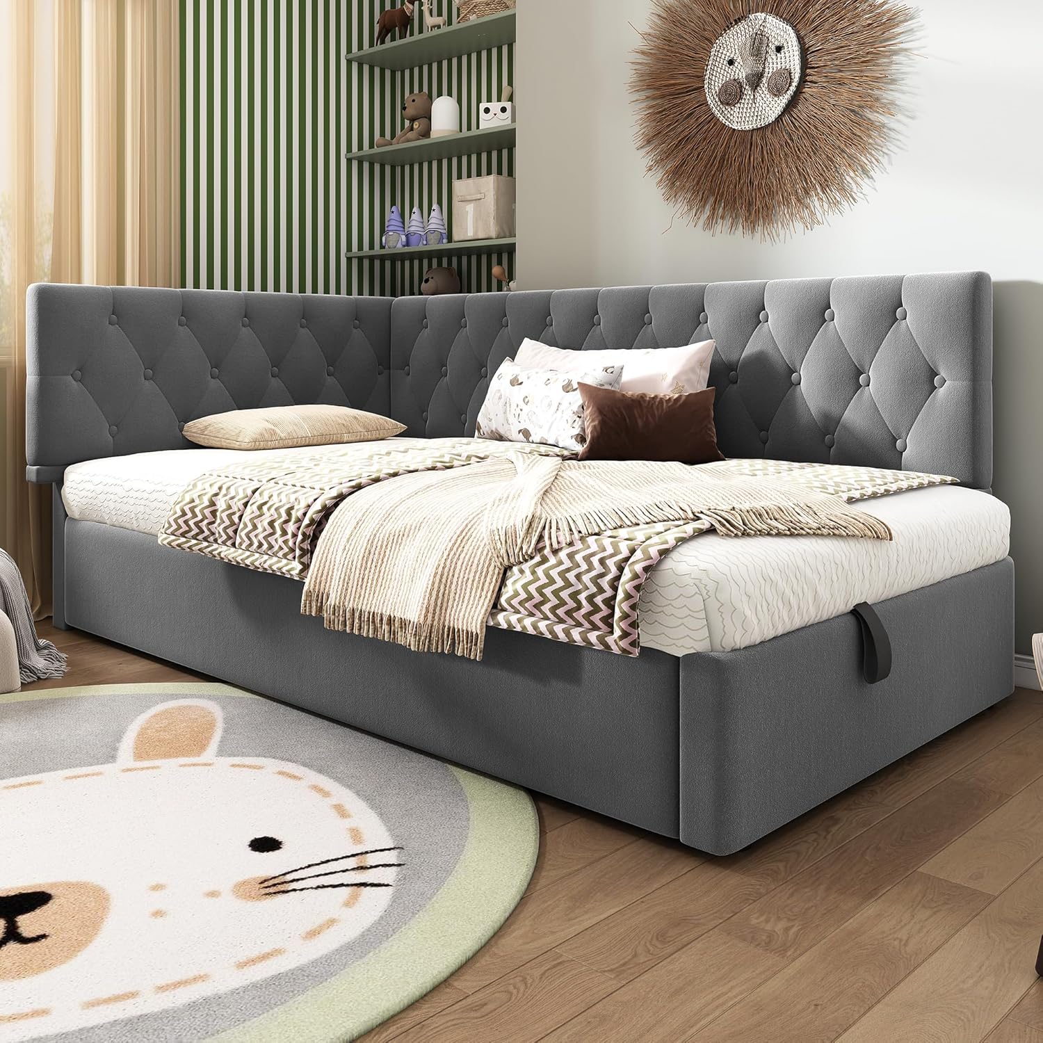 Polsterbett 90x190 cm, Einzelbett Tagesbett mit Hydraulischer Stauraum, Stauraumbett Kinderbett Jugendbett Daybett Gästebett Schlafsofa Bettgestell mit Lattenrost aus Holz, Ohne Matratze, Samt, Grau
