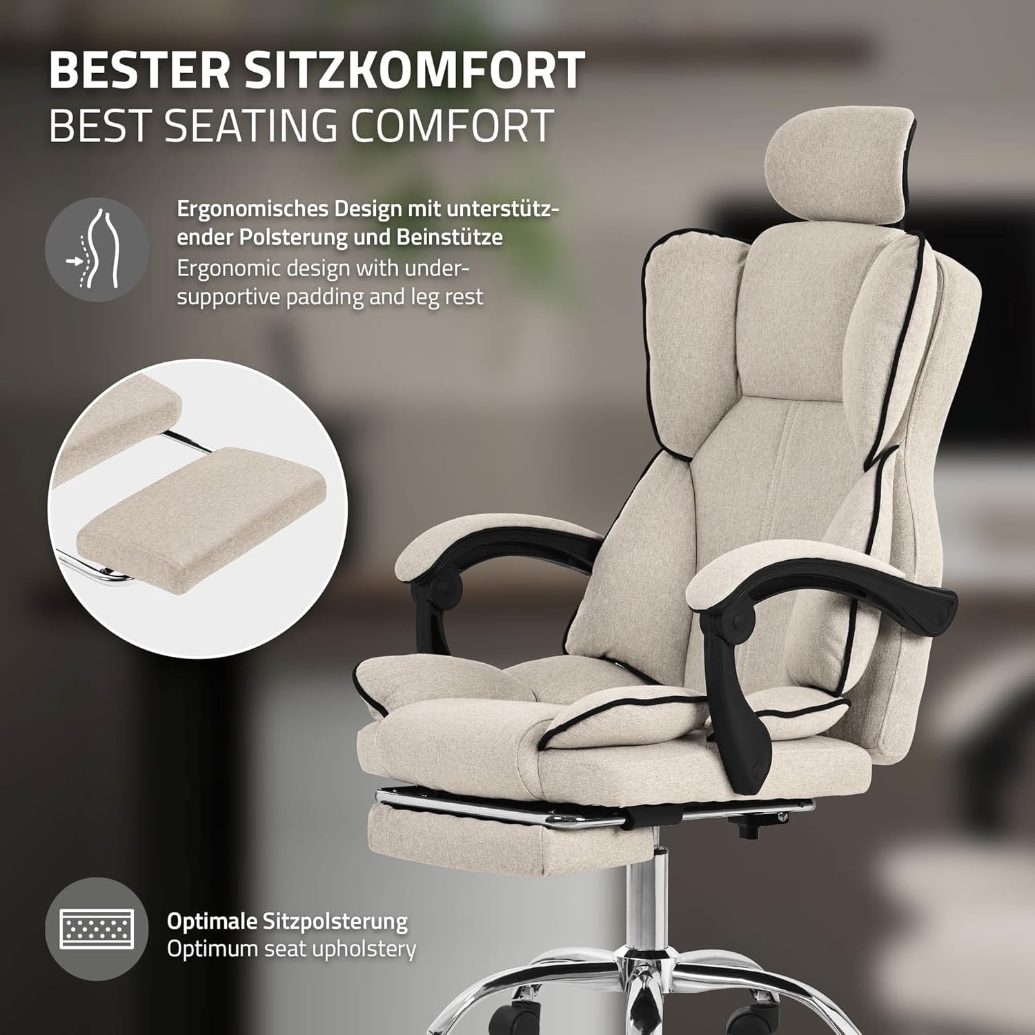 ML-Design Bürostuhl ergonomisch, Beige, Schreibtischstuhl höhenverstellbar mit hoher Rückenlehne, Drehstuhl mit Fußstütze, Kissen und Kopfstütze, Chefsessel Wippfunktion, Computerstuhl, Gaming Stuhl