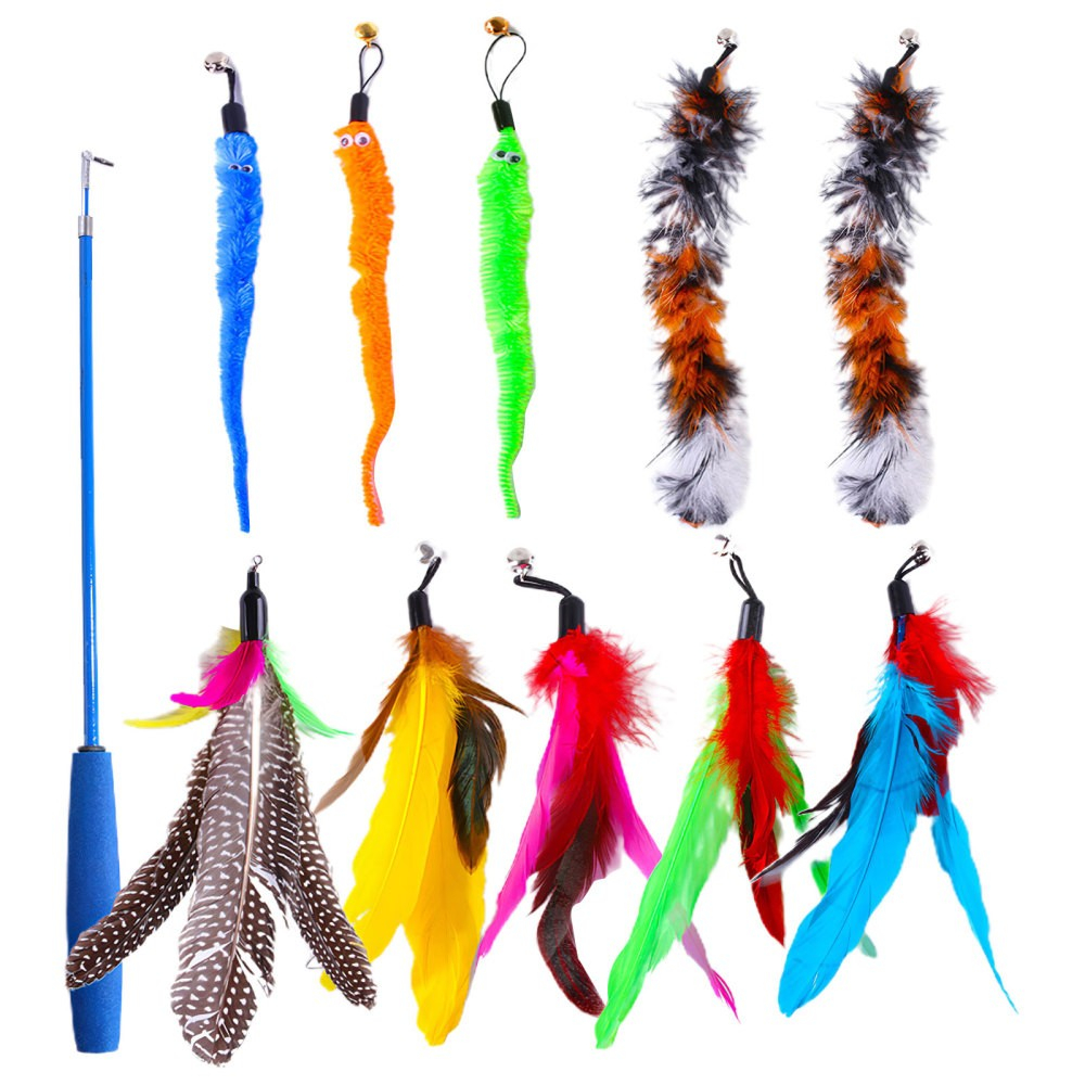 (11-tlg. Set) Interaktives Katzen Spielzeug Angel Kit mit Federn / Glocken - Bunt