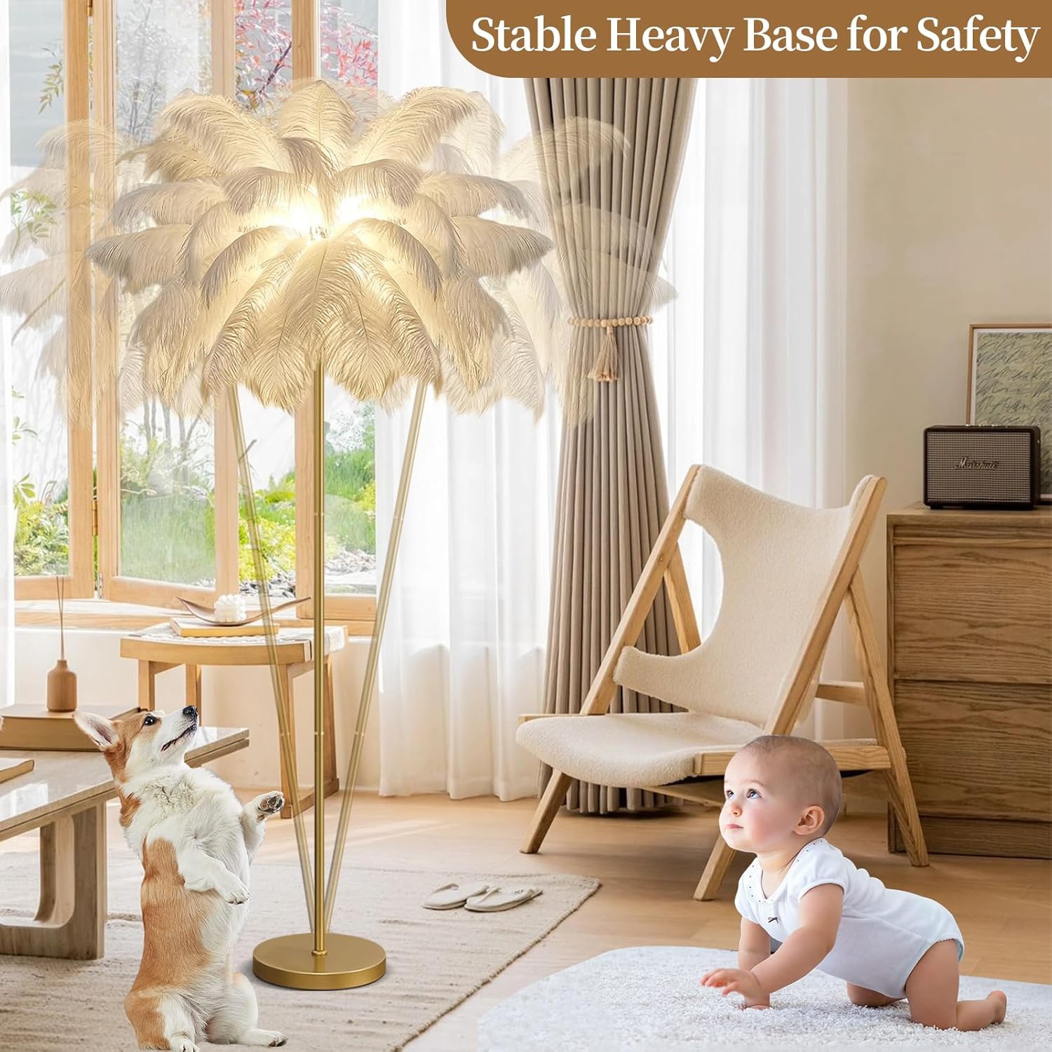 Federlampe Stehlampe Wohnzimmer, Feder Stehlampe Gold mit 3-Farbig Dimmbarem,160cm Stehlampe Federn Moderne mit Fußschalter, Kreative Studie Schlafzimmer Feder Lampe Stehleuchte (White)