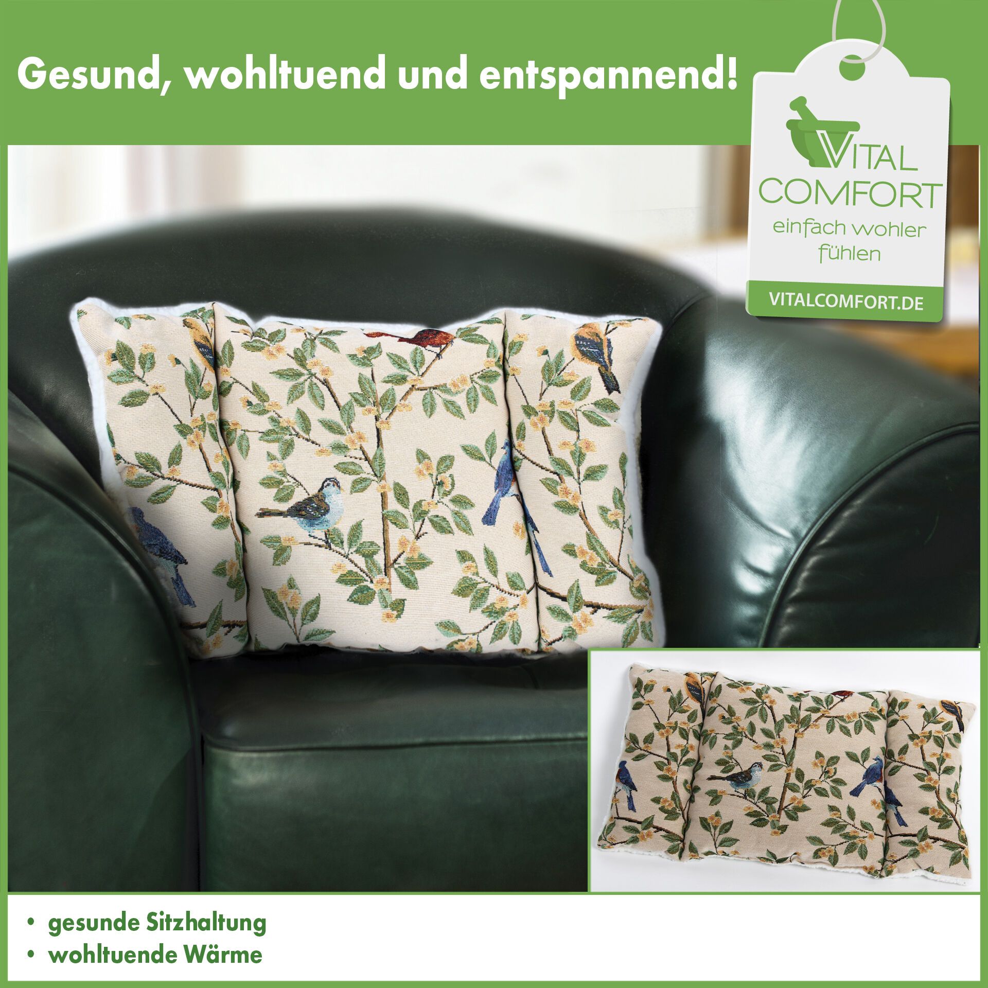 Vital Comfort Rückenkissen Vögel 58 x 32 x 8 zur Unterstützung der Lendenwirbelsäule