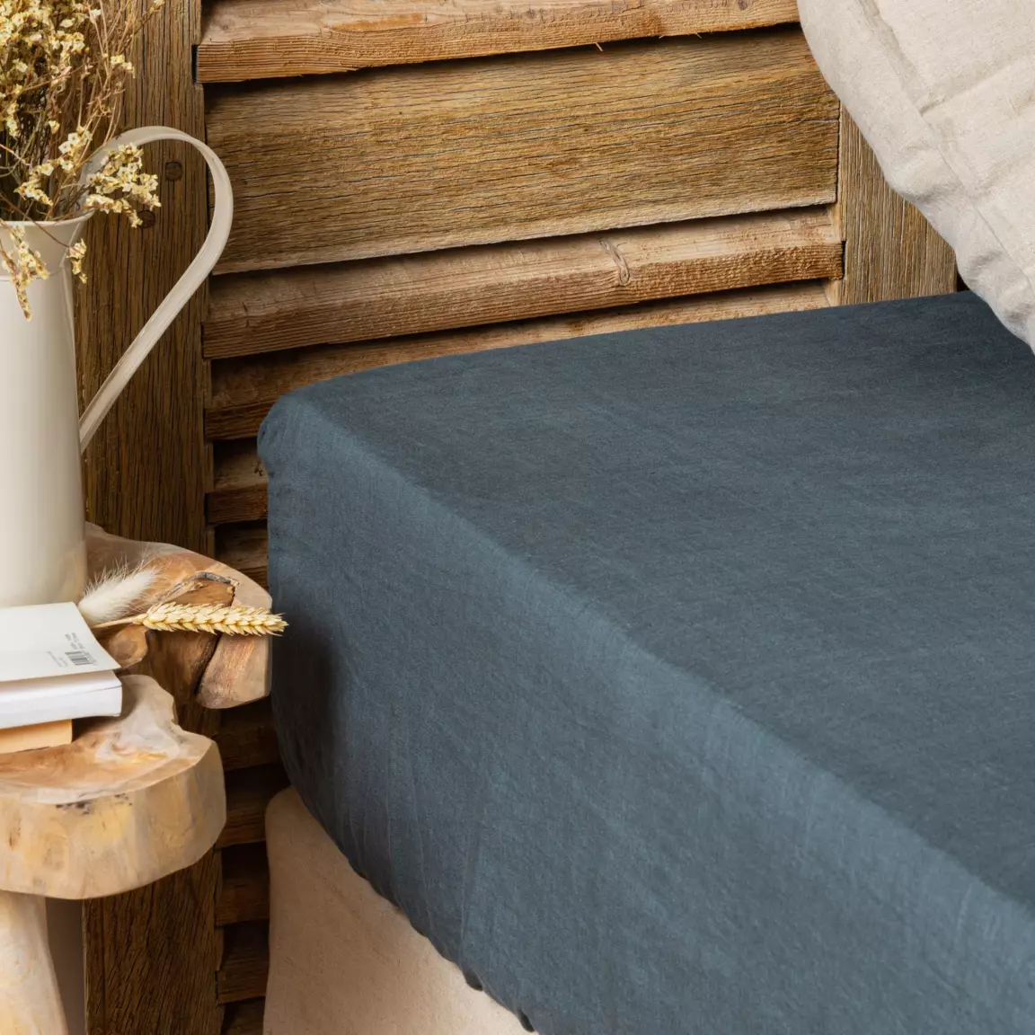 Drap housse lin lavé (160 x 200 cm) Louise Gris ardoise