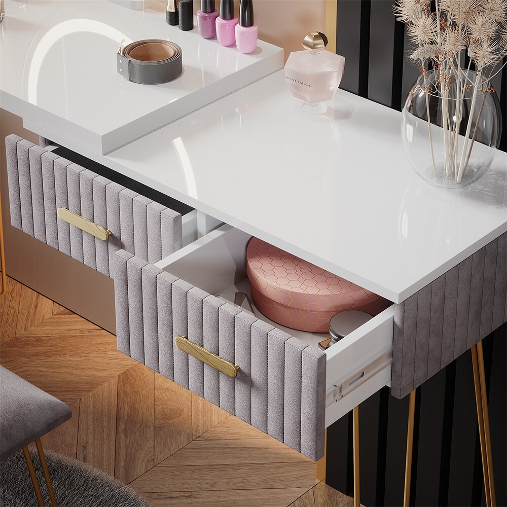 Vicco Schminktisch Frisiertisch Schminkkommode Zoey Weiß Grau LED-Spiegel Design-Hocker 120x76 cm modern Schlafzimmer Kommode Schublade Ablage Aufbewahrung Touch-Switch Kosmetiktisch Make-Up-Tisch