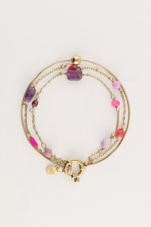 Driedubbele armband met roze en paarse kraaltjes