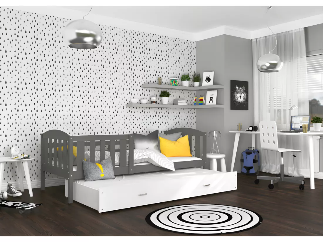 Lit Gigogne Teo 90x190 Gris - blanc Livré avec sommiers, tiroir et matelas en mousse de 7cm
