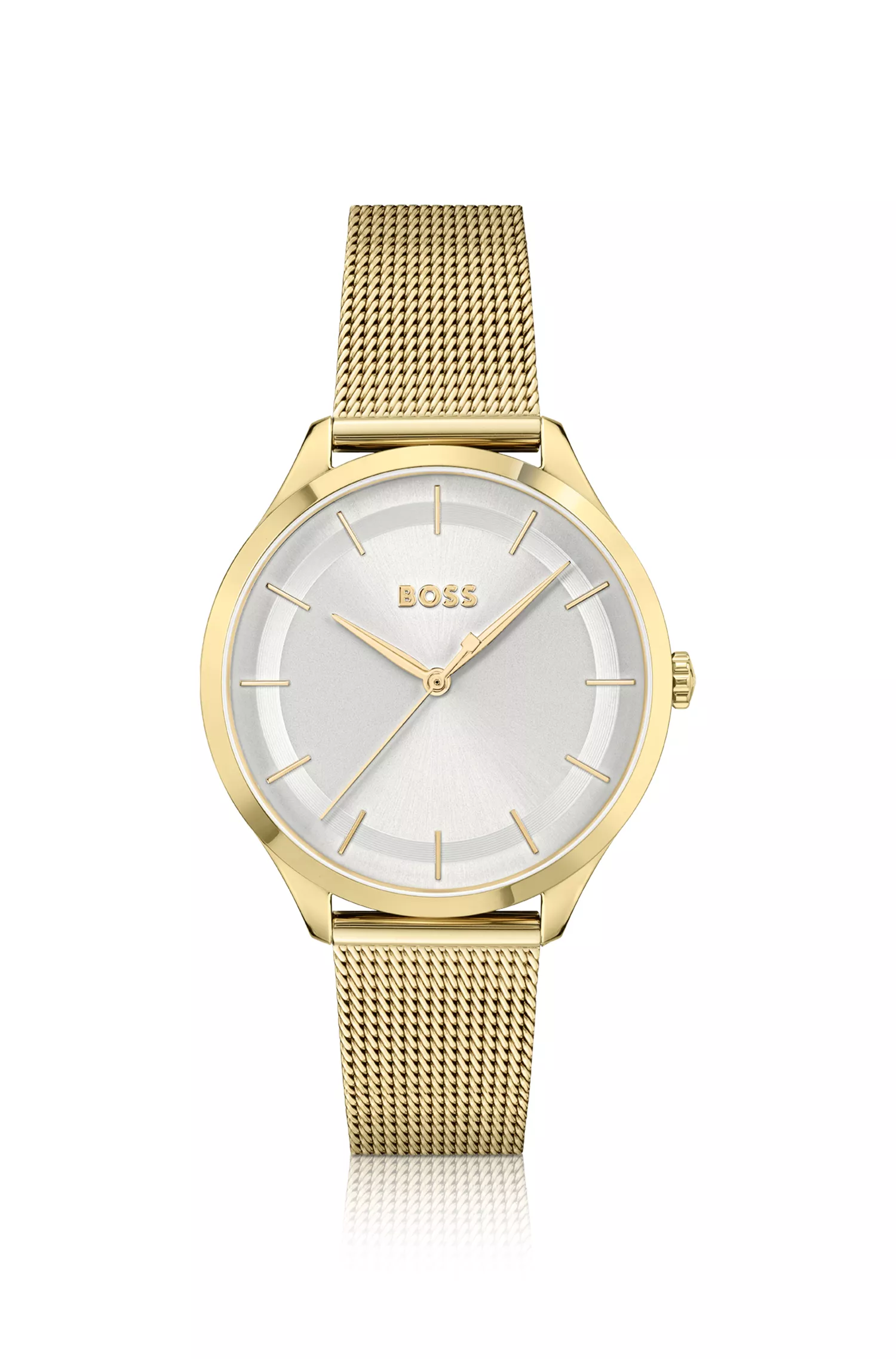Relógio BOSS em tons de preto e dourado com pulseira de malha.
