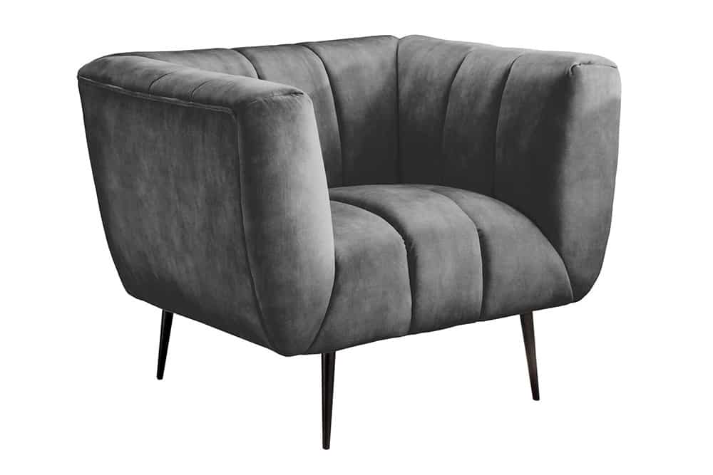 Retro Sessel NOBLESSE 105cm grau Samt schwarze Metallfüße Federkern Ziersteppung