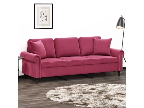 Canapé 3 places avec oreillers bordeaux 180 cm velours