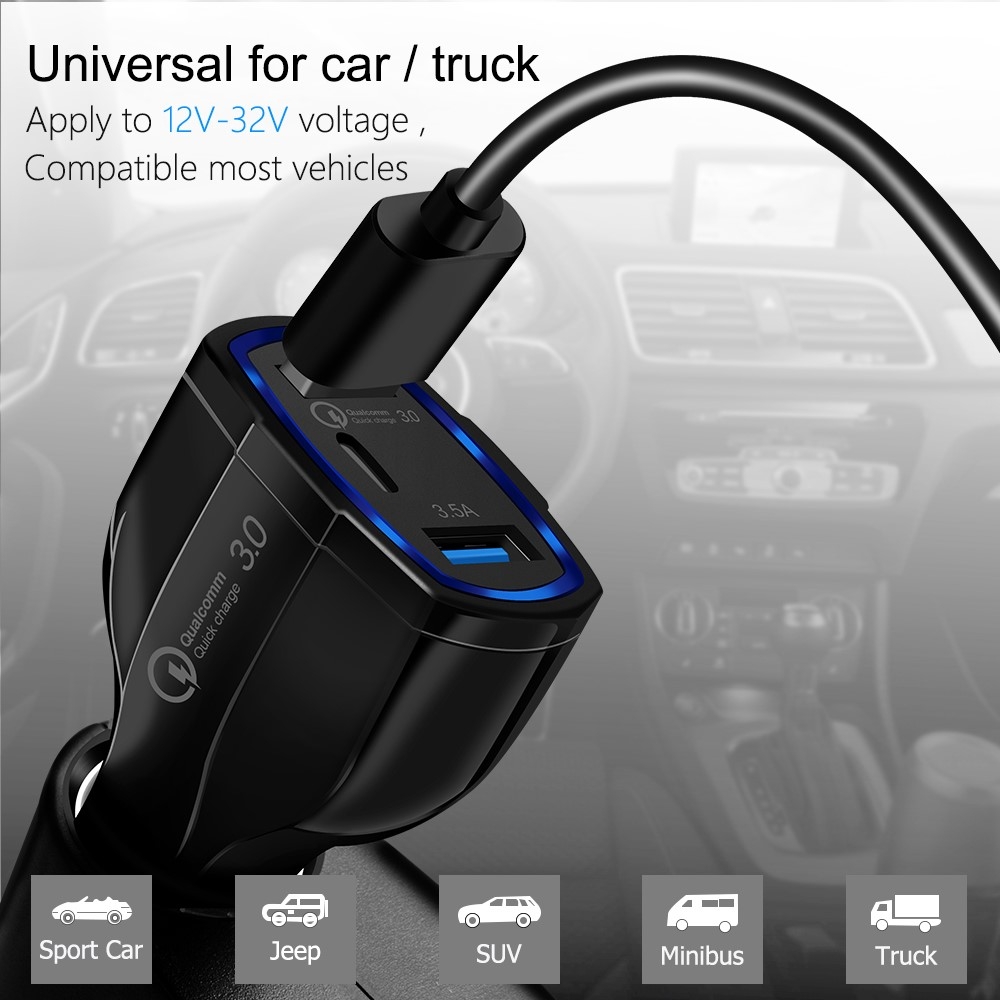 Mini Dual USB   USB C Fast Charging Auto KFZ Ladegerät mit QC 3.0 (35W) - Weiss