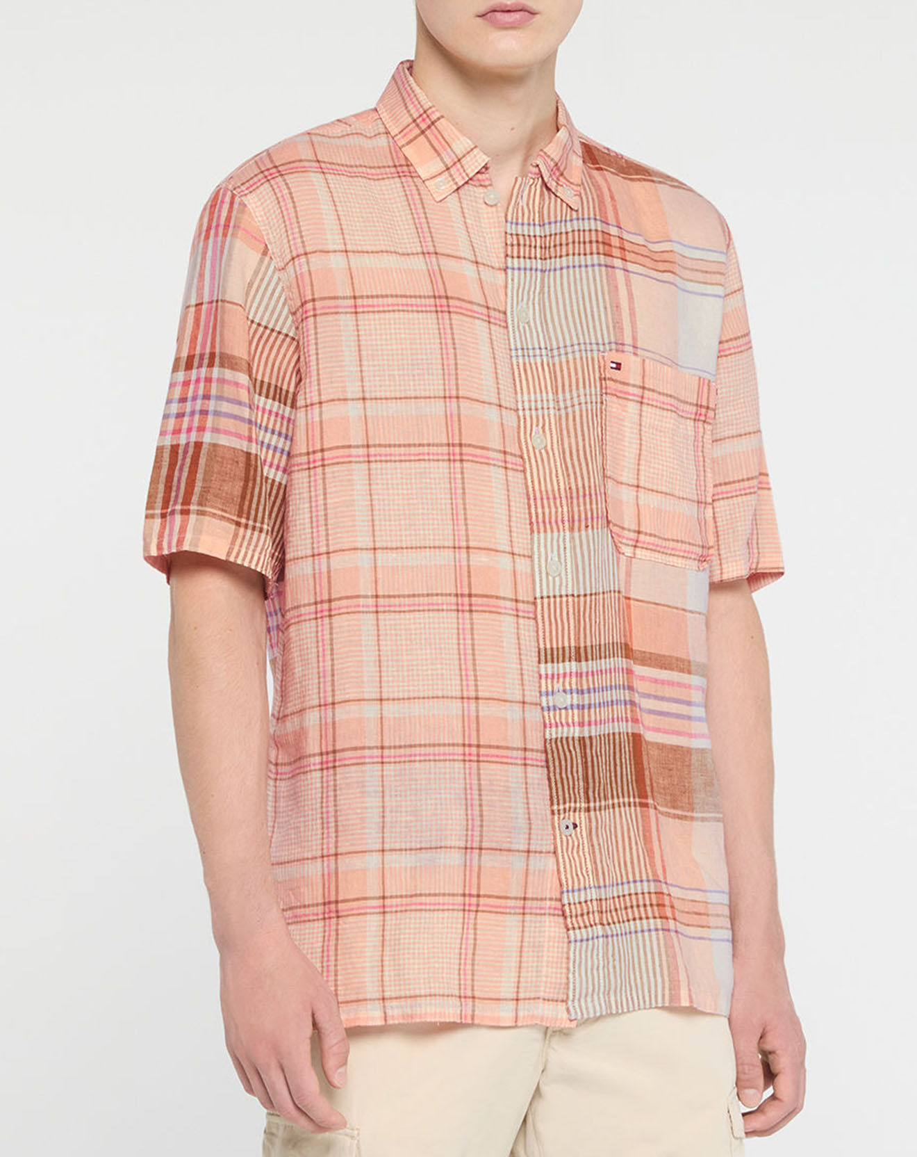 Tommy Hilfiger Chemise ample en Coton & Lin Madras Blocking à carreaux rose