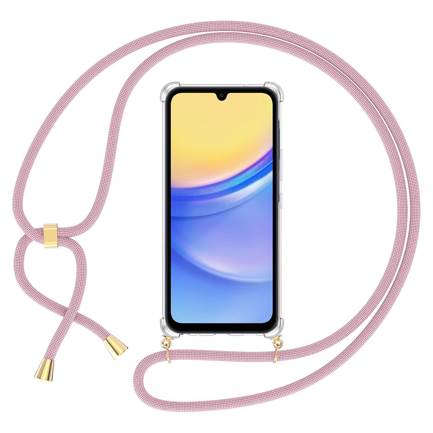 Samsung Galaxy A15 Necklace Gummi Hülle Air Cushion Fallschutz   Handykette (150cm) - Rosa / Gold
