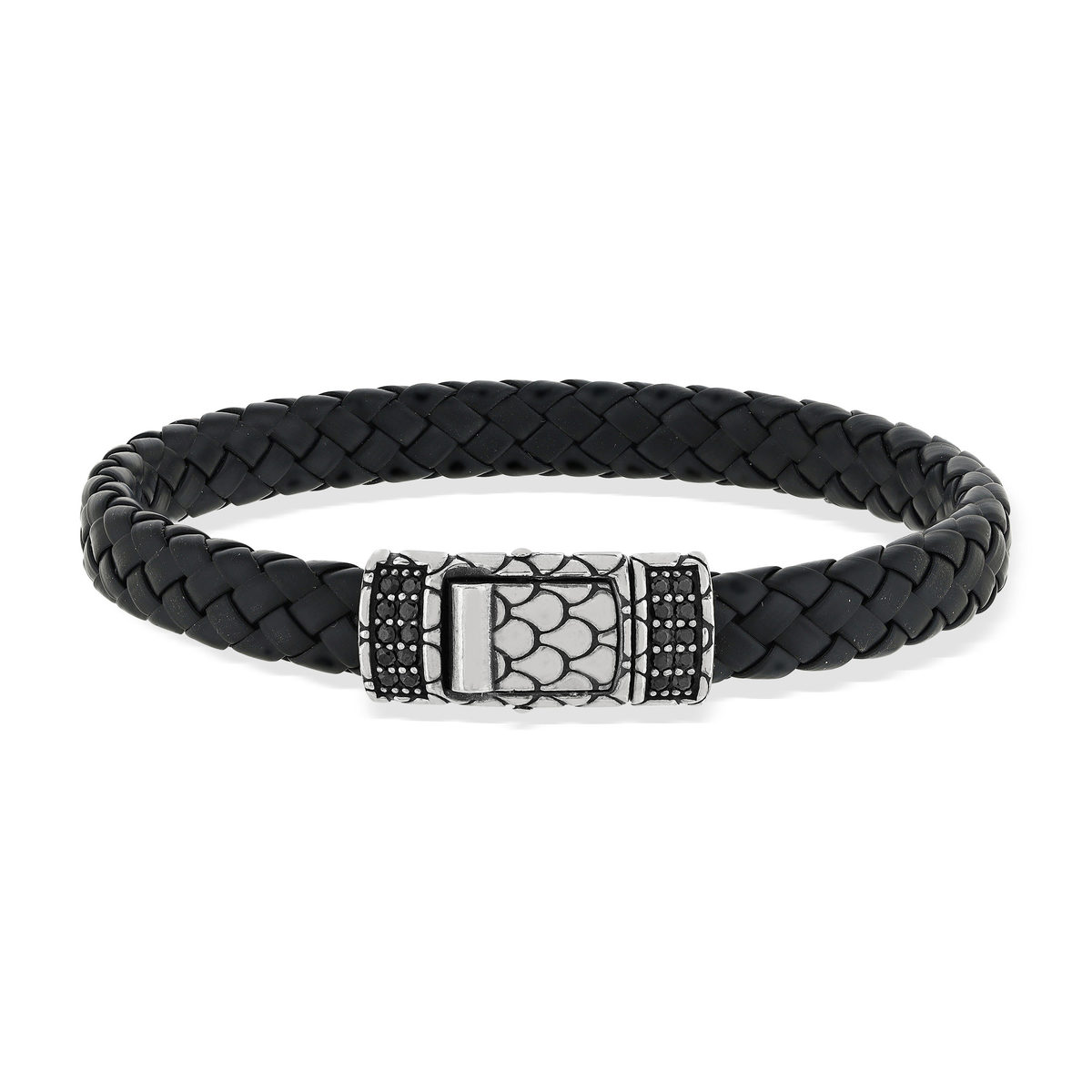 Bracelet cuir noir tressé spinelles noires 19cm
