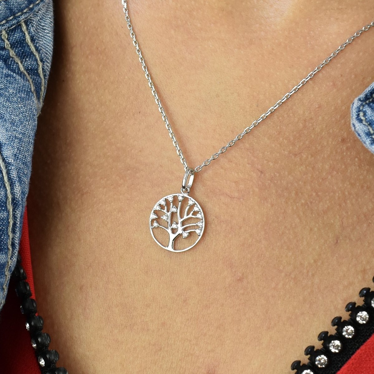 Collier arbre de vie oxydes de zirconium Argent 925 Rhodié
