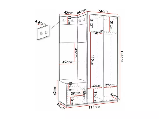 Meuble d'entrée Hartford 380, 186x116x46cm, Miroir, Blanc|Noir, MDF|Stratifié|Faux cuir