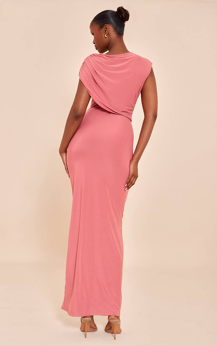 Rose Poudré Robe Longue Drapée À Épaules Dénudées Double Couche En Tissu Soyeux