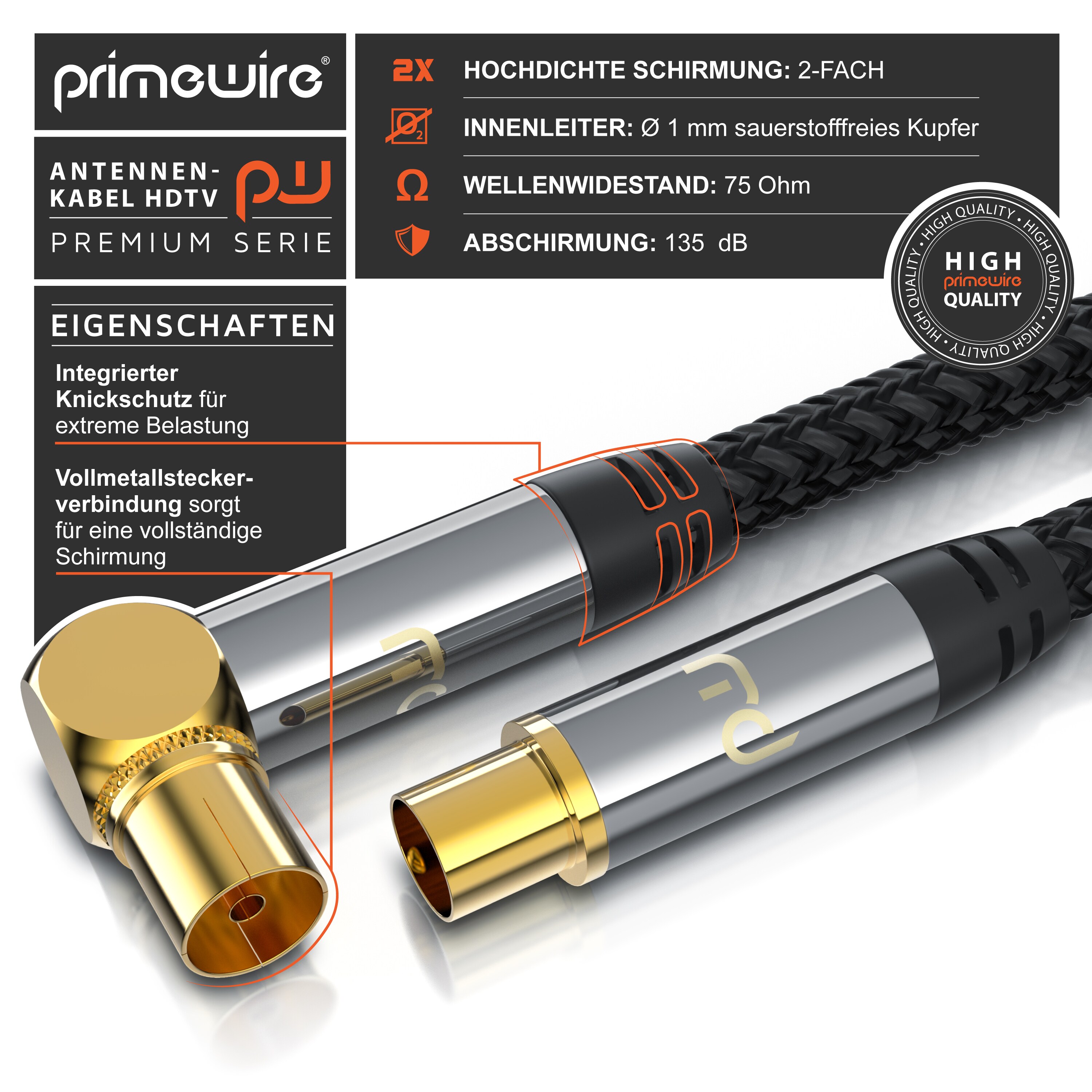 Primewire Antennenkabel gewinkelt mit Braiding - Koaxialkabel - Koax Kupplung 90° Winkel zu Stecker gerade - HDTV 75 Ohm - 2 m
