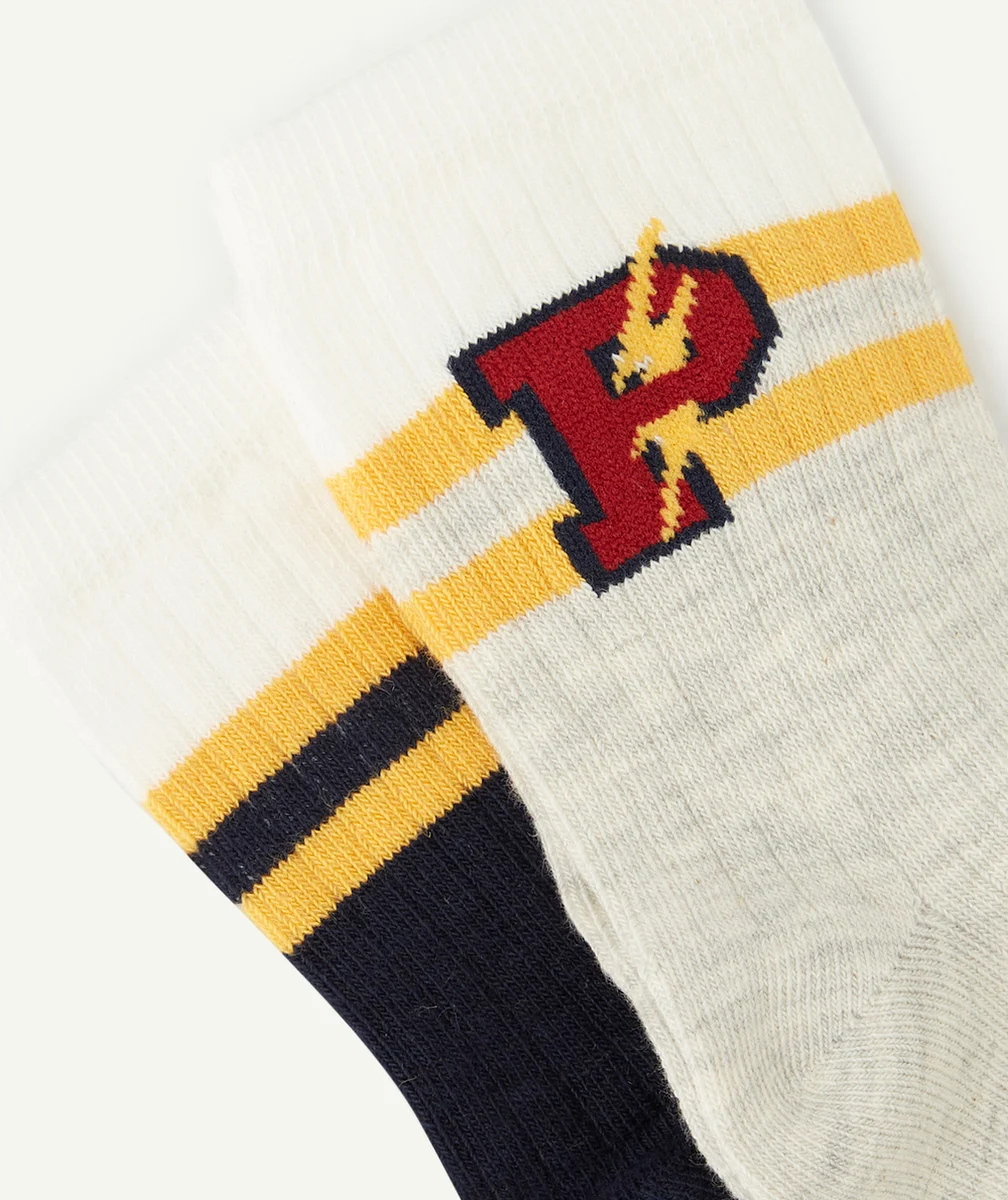 LOT DE 2 CHAUSSETTES HAUTES GARÇON AVEC LETTRES ET BANDES