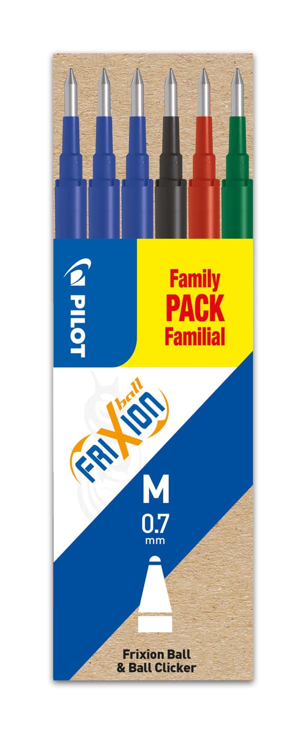 Sett med 6 - FriXion Ball 0.7 refiller - Sort, Blå, Rød, Grønn - Medium spiss Pilot