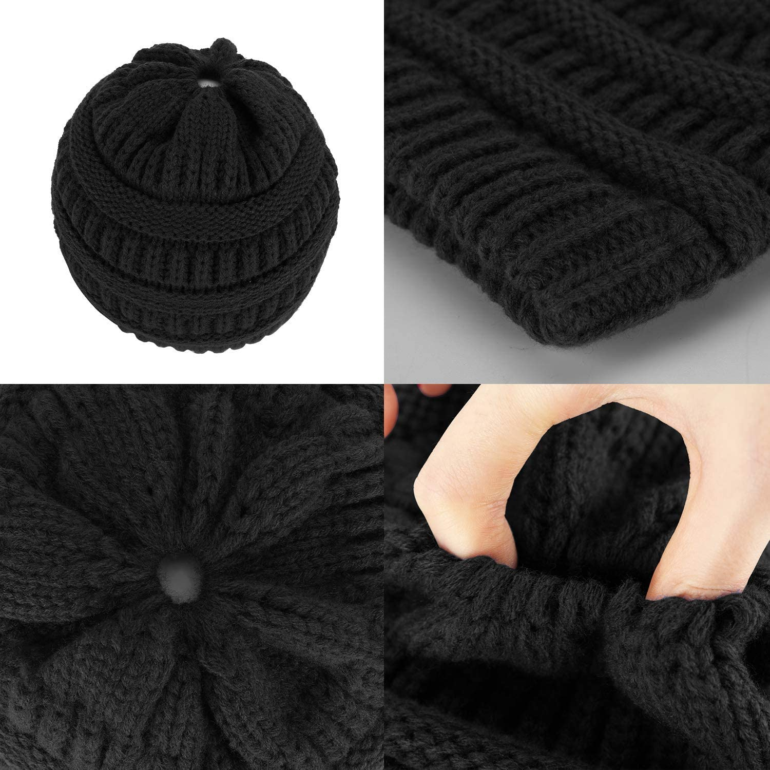 Damen Strickmütze mit Zopfloch Winter Mütze für Pferdeschwanz   Zöpfe (One Size) - Schwarz