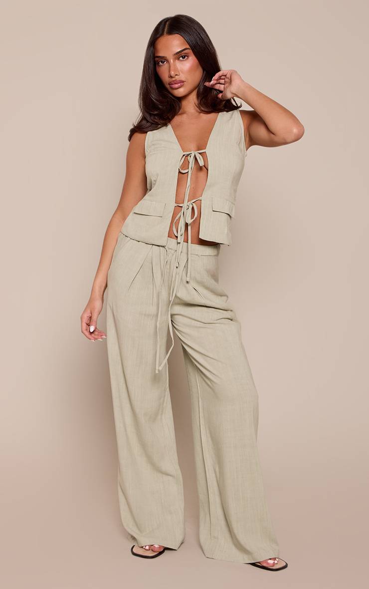 Vert Sauge Pantalon Large À Plis Devant Aspect Lin Petite Taille Ensemble Coordonné