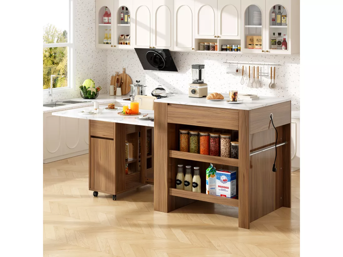 Ilot central de cuisine avec 4 tiroirs et étagères ouvertes - Plateau extensible - 110(214)x78x97.5 cm - 2 à 6 personnes - Marron+Blanc