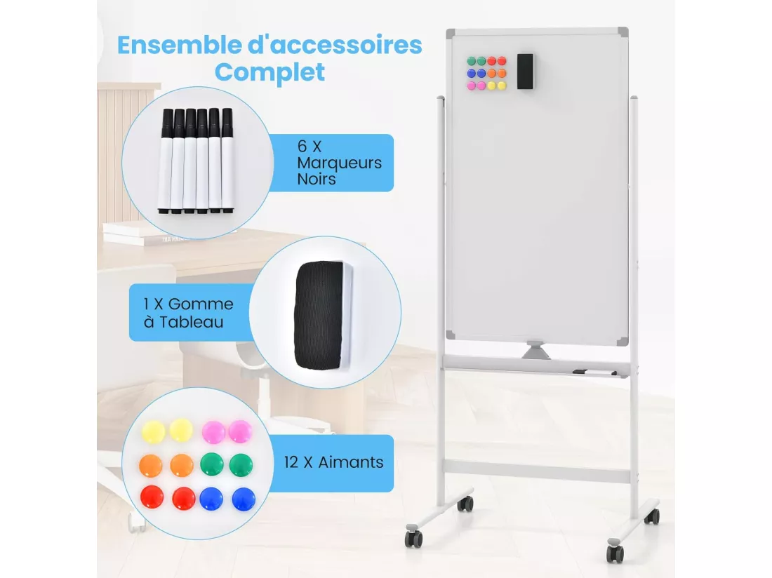 Tableau Blanc sur Pieds Double Face Pivotante 60x100cm, Tableau Blanc Magnétique Effaçable à Sec, Hauteur Réglable sur 2 Positions, 4 Roulettes, pour École, Maison, Bureau (60x100cm, Blanc)