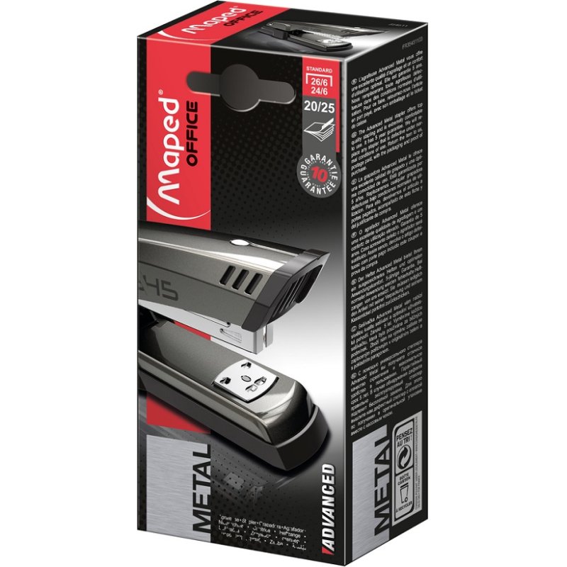 Agrafeuse maped advanced métal a3545 70x42x154mm half strip 25 feuilles agrafes 24/6 et 26/6 coloris gris foncé