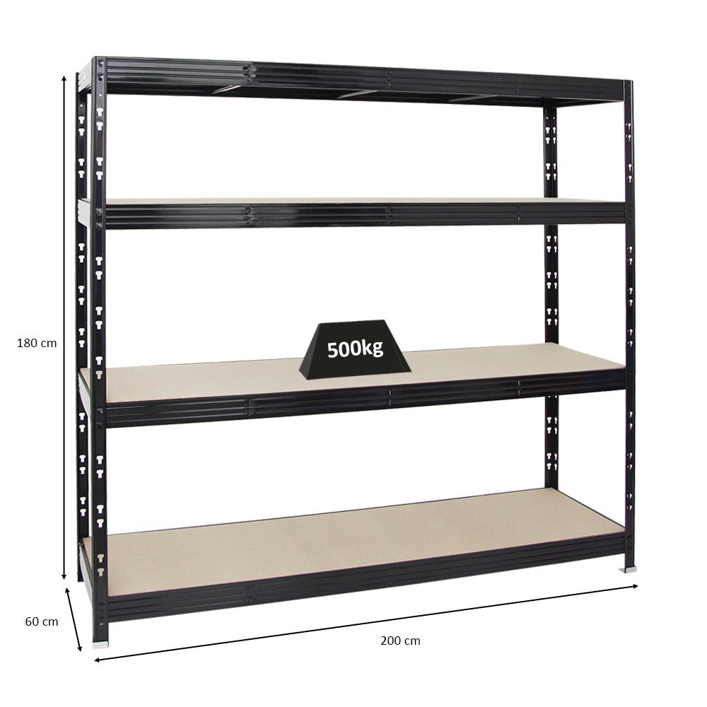 PROREGAL Professionele Heavy-Duty Stellingkast Rhino HxBxD 180 x 200 x 60 cm 4 Spaanplaat Planken 8mm Plank Draagvermogen 500 kg Zwart