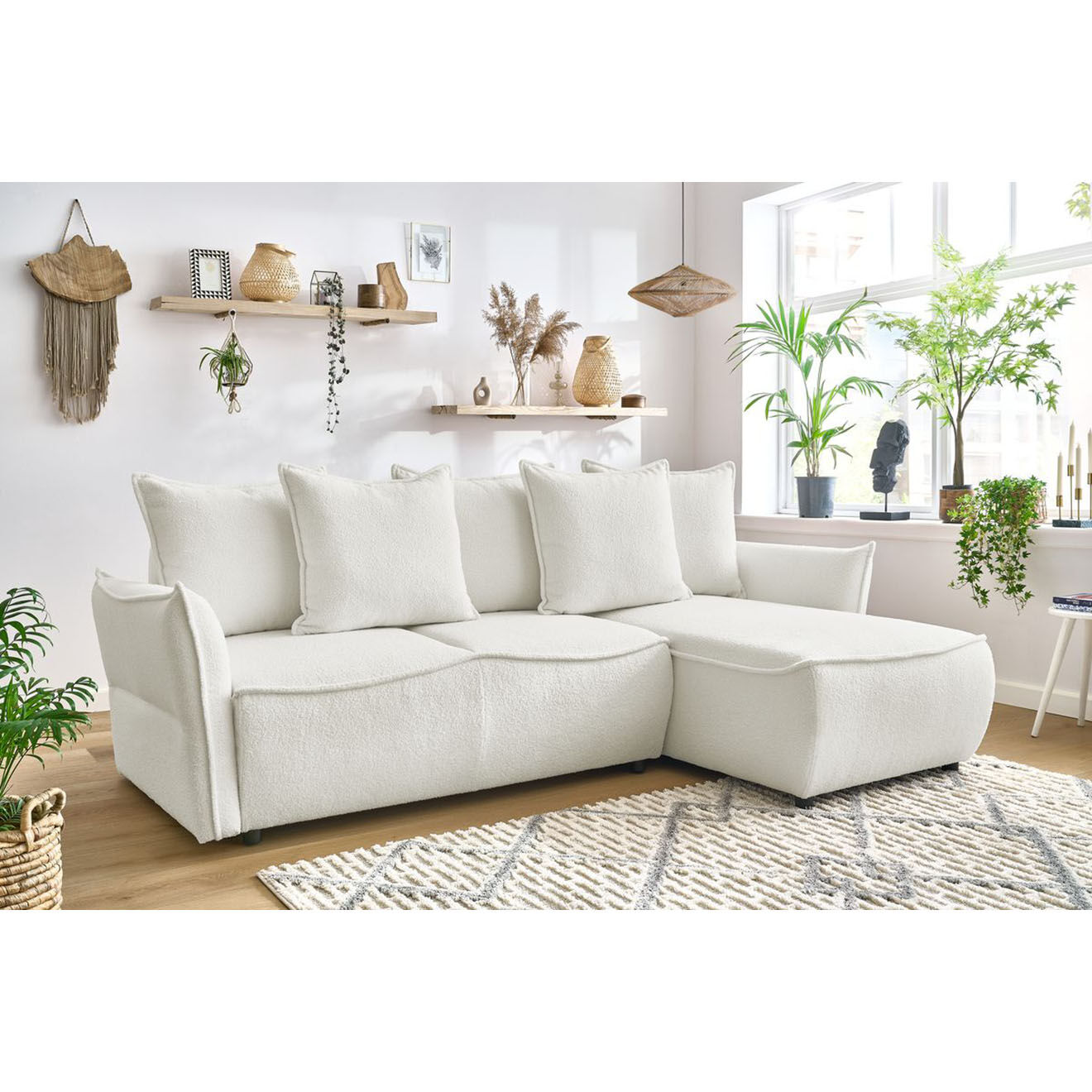Bobochic Canapé d'angle droit convertible bouclette Léon blanc - 242x158x90 cm