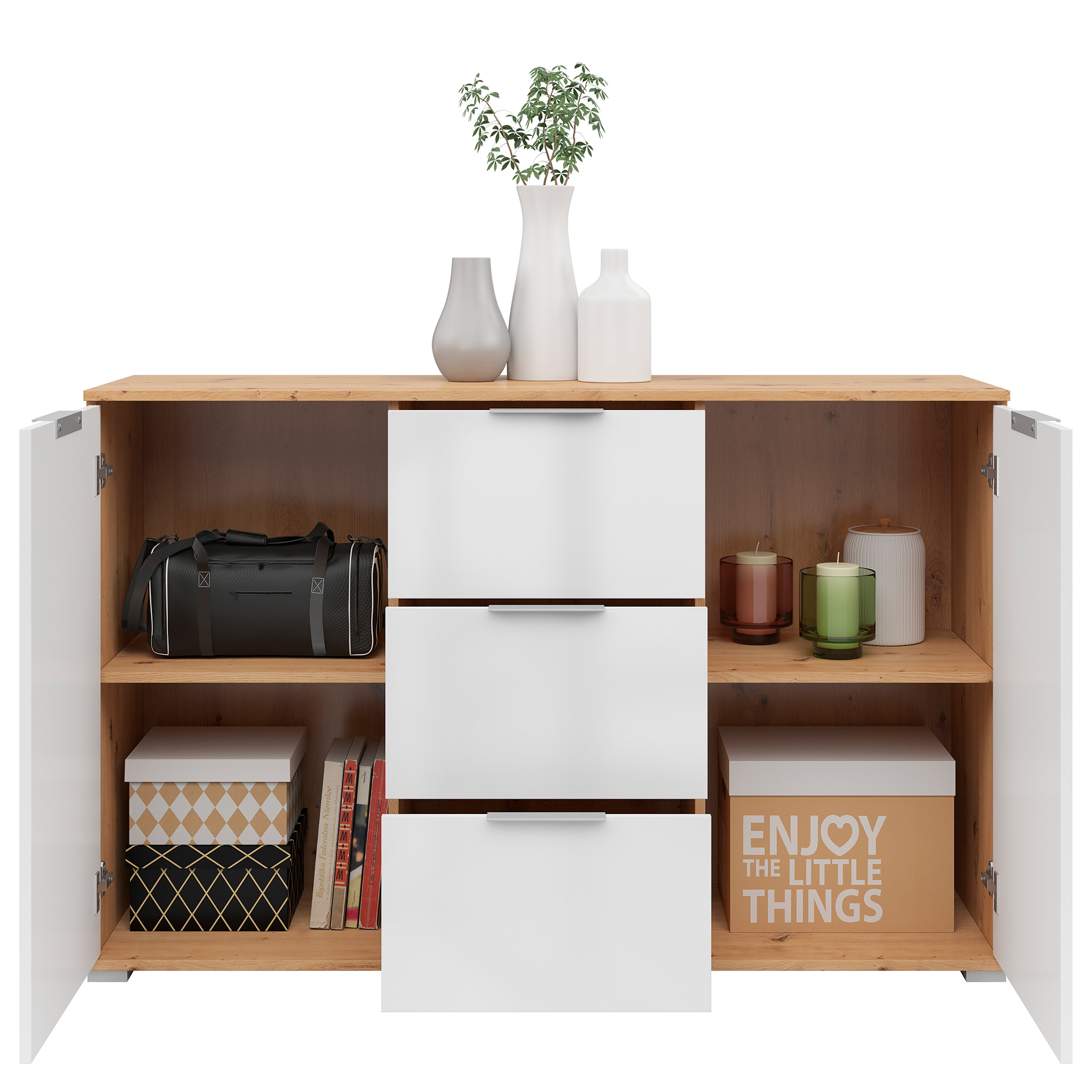 Sideboard - weiß Glanz - Artisan Eiche - 135 cm breit