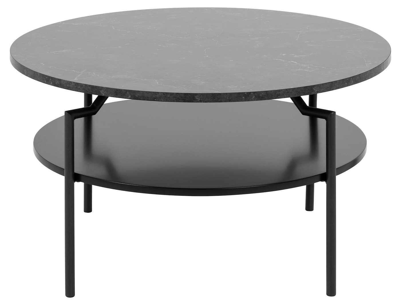 Goldington sofabord Ø80 cm. Sort marmorprint melaminplate med hylle i sort MDF og sortlakkert stålunderstell.