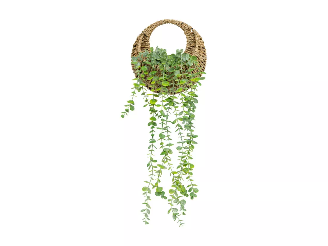 Plante artificielle Eucalyptus dans un support en Osier à suspendre H 26 cm