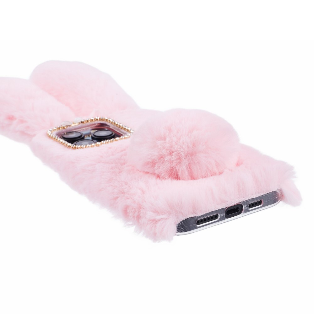 iPhone 15 Pro 3D Gummi Plüsch Case Hülle Bunny mit Flauschigen Hasenohren - Rosa
