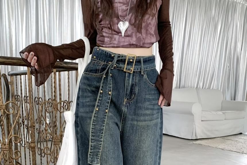 Ragistiq - Mid Waist Washed Wide Leg Jeans