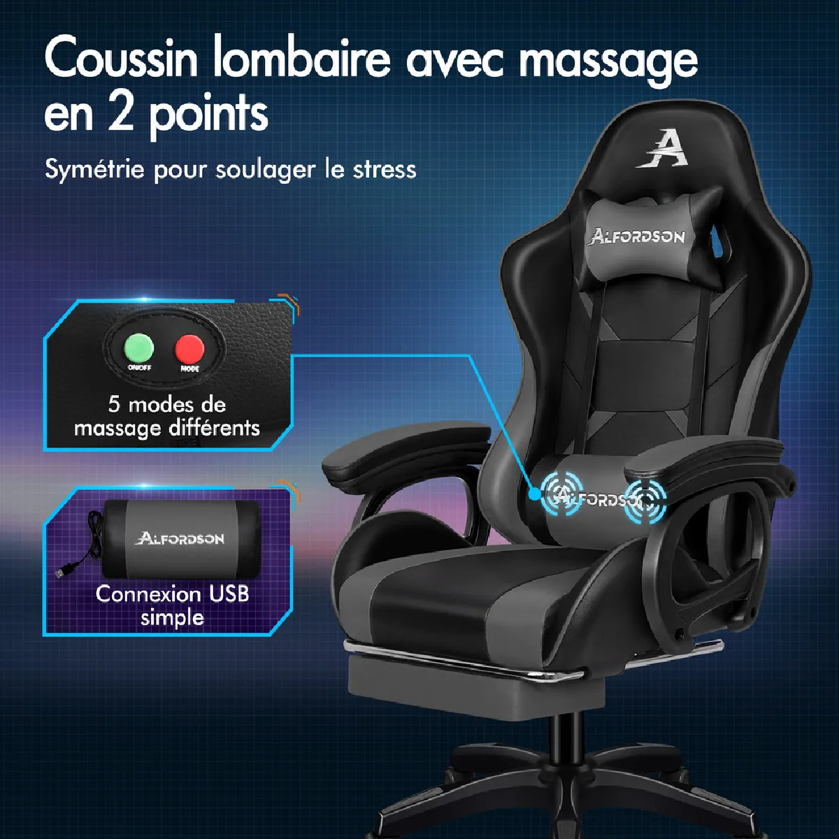 ALFORDSON Chaise Gaming - Gris/Noir