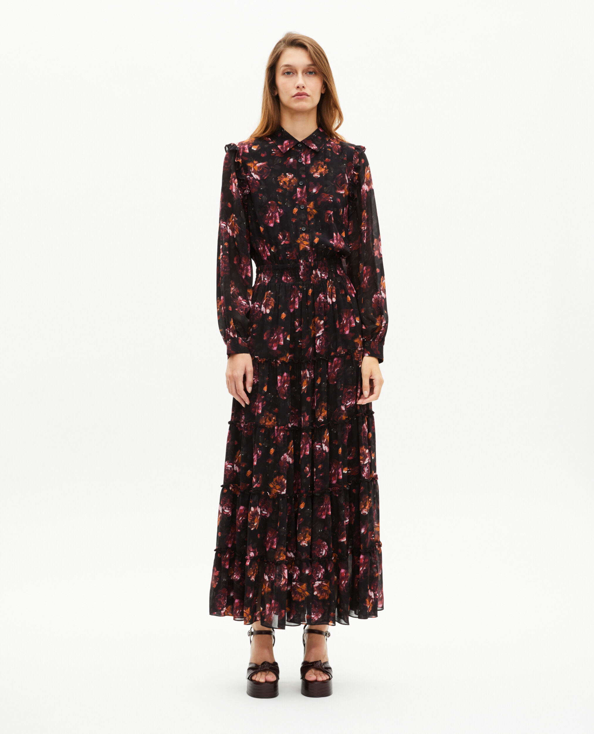 Robe longue imprimé roses bordeaux