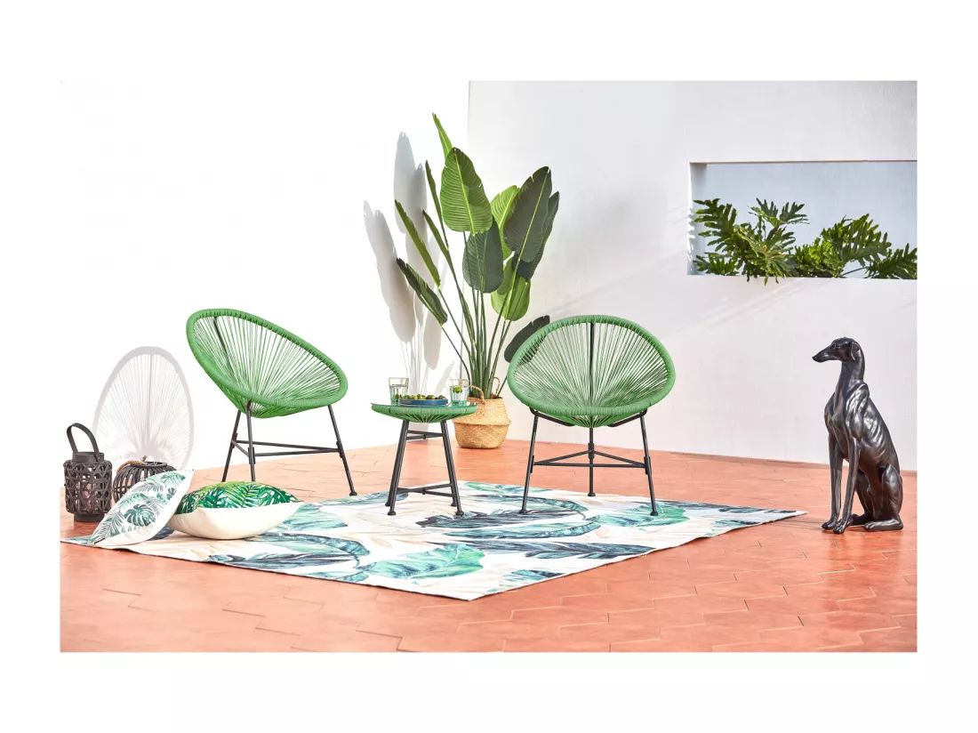 Salon de jardin 2 fauteuils oeuf + table basse vert ACAPULCO