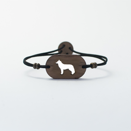 Pulseira de madeira personalizável com husky, preta.