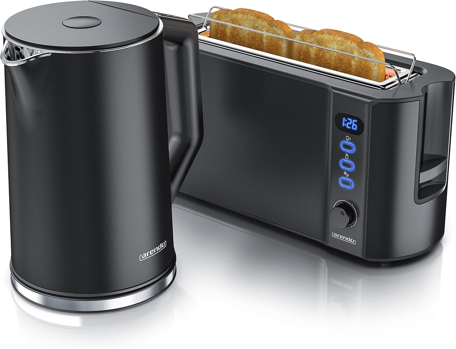 Arendo - Wasserkocher mit Toaster SET Edelstahl Schwarz, Wasserkocher 1,5L 40°-100°C Warmhaltefunktion Toaster 2 Scheiben LED-Display 6 Bräunungsgrade Brötchaufsatz