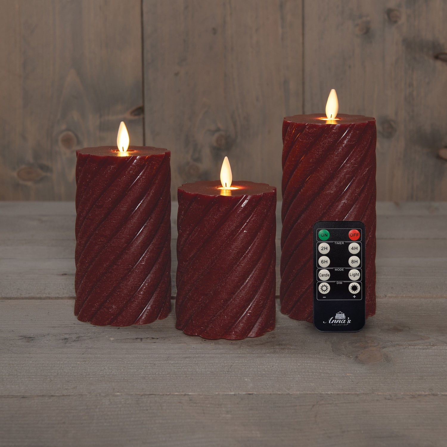 Anna's Collection LED stompkaars Swirl met timer bordeaux D 7,5 H 10 / 12,5 / 15 cm 3 stuks