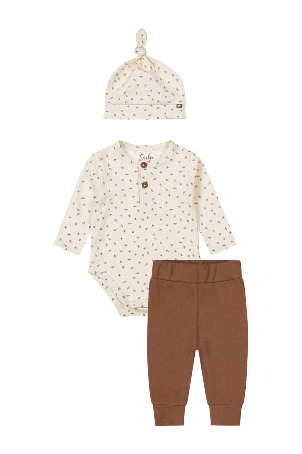 Dirkje romper + broek + muts bruin/offwhite