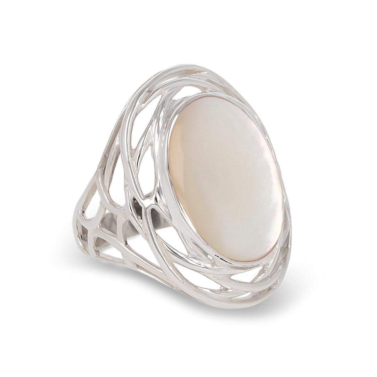 Bague Cabochon de Nacre Blanche Ovale en Argent 925 - Monture Nid - Aden Bijoux