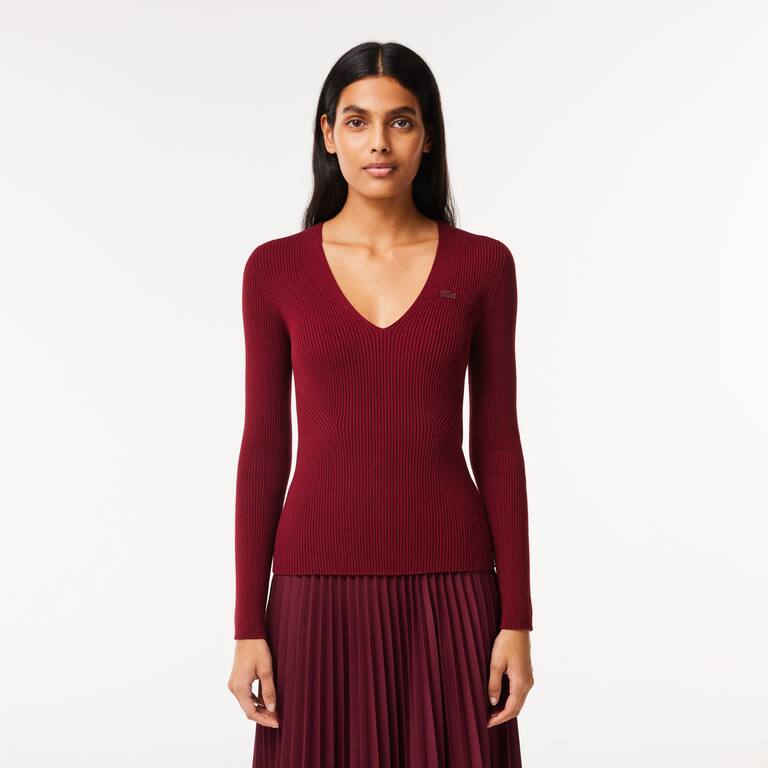 Pull col V en maille côtelée sans couture Pullovers - Rouge - Lacoste - Femme