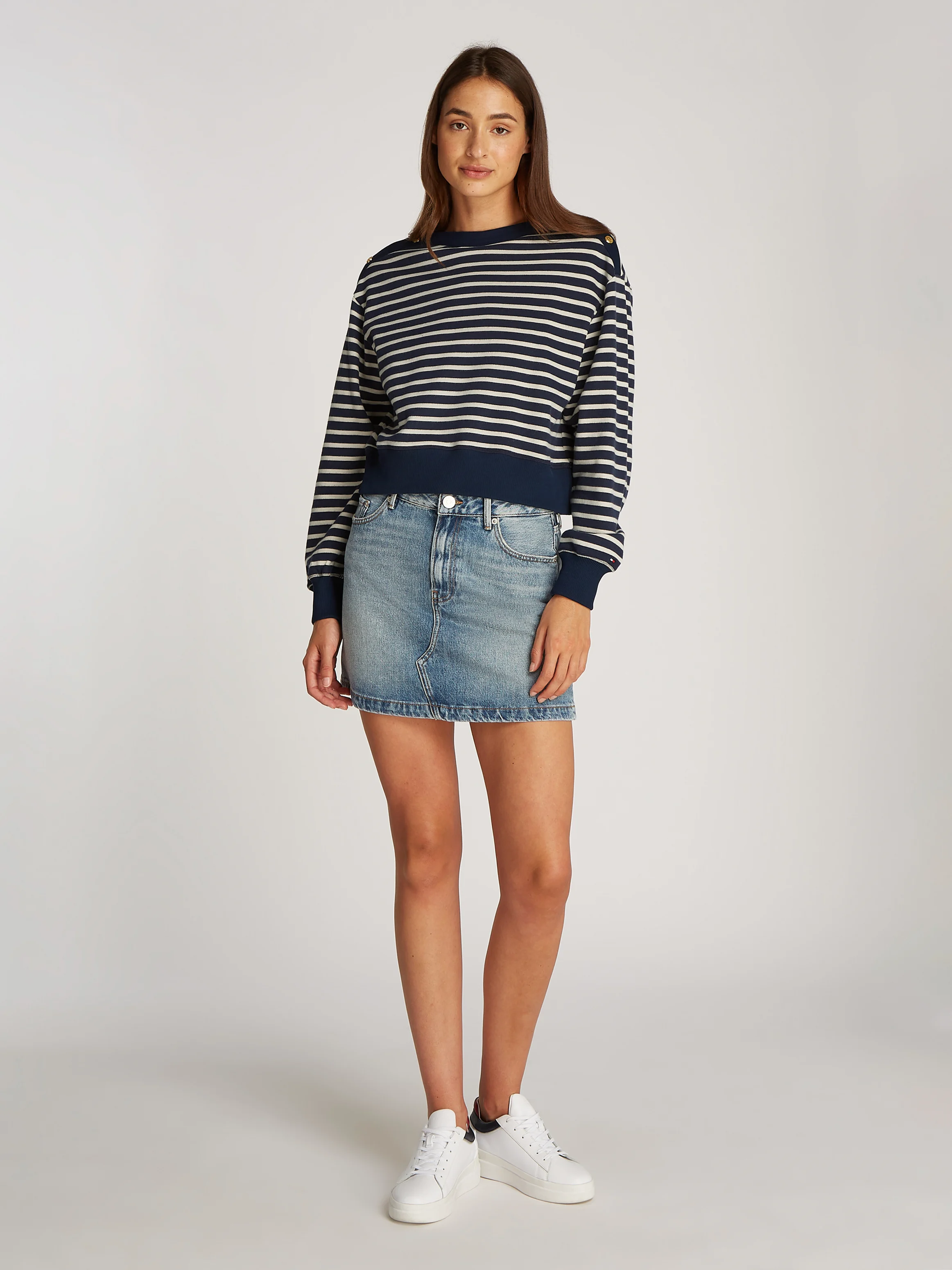 Sweat droit en coton rayé | Beige