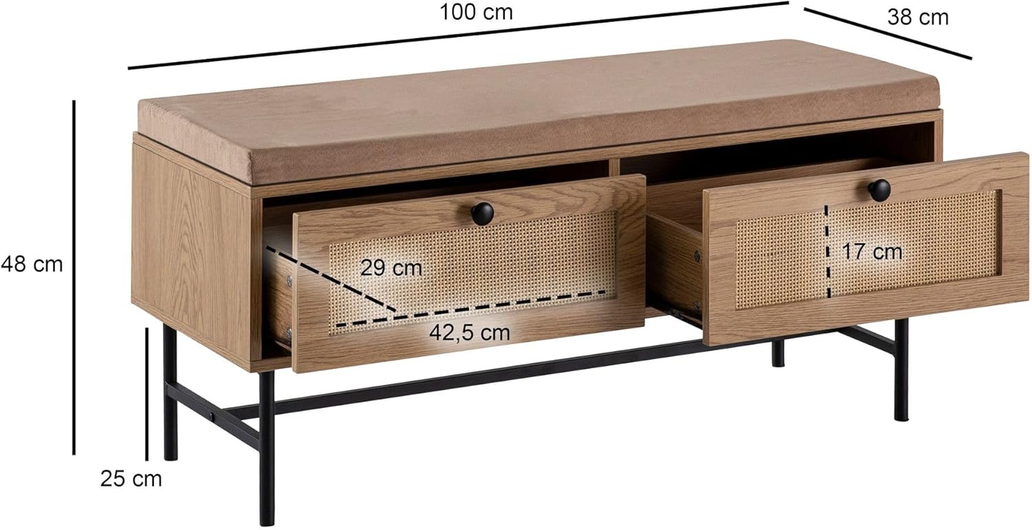 FineBuy Schuhbank mit Stoff-Sitzfläche 100x48x38 cm Garderobenbank Eiche-Dekor, Sitzbank Rattan Klein Gepolstert, Bank Schmal Flur mit Stauraum, Flurbank Flurmöbel mit Schubladen Braun
