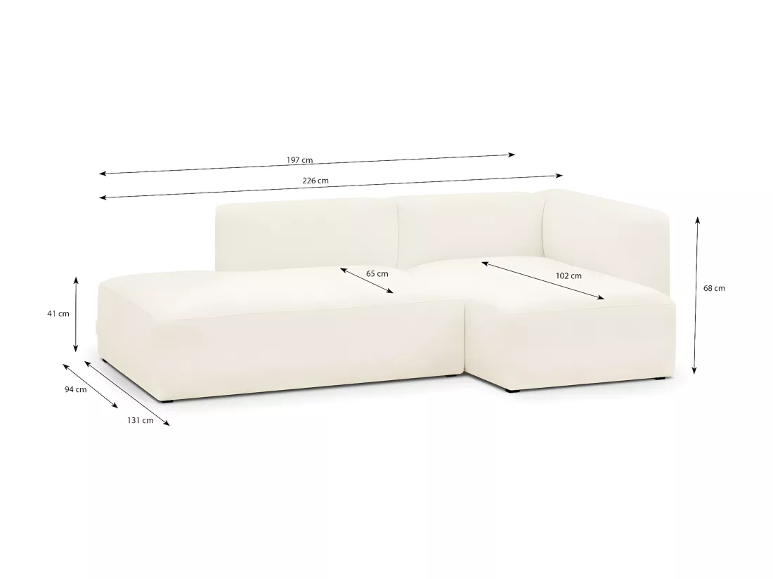 Canapé d'angle à droite modulable avec méridienne 3/4 places en tissu bouclette écru - Modulo