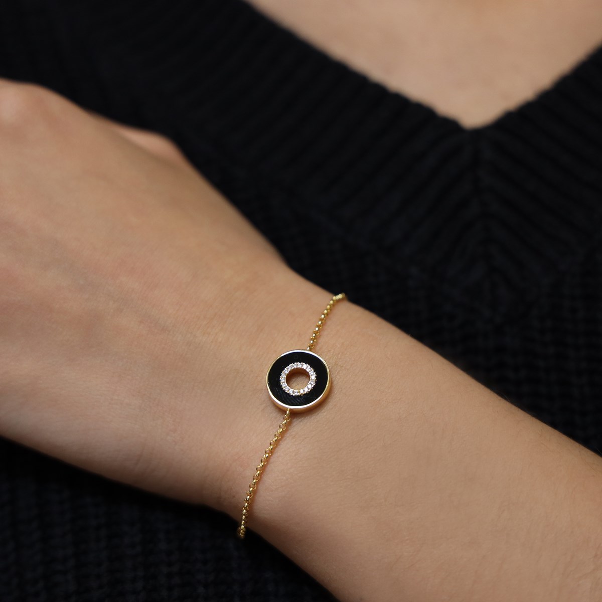 Bracelet Anna En Argent Doré Pierre Onyx Zirconium Blanc