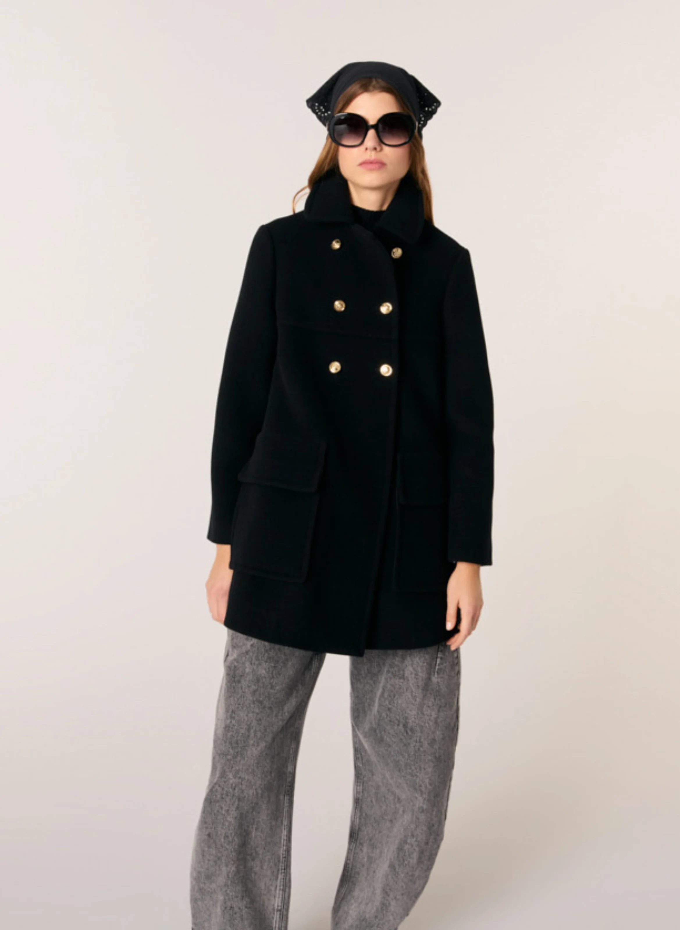 Manteau droite col classique en laine mélangée | Noir